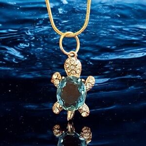 Gold Turtle Pendant Necklace with Sparkling Blue Gemstone. NWT